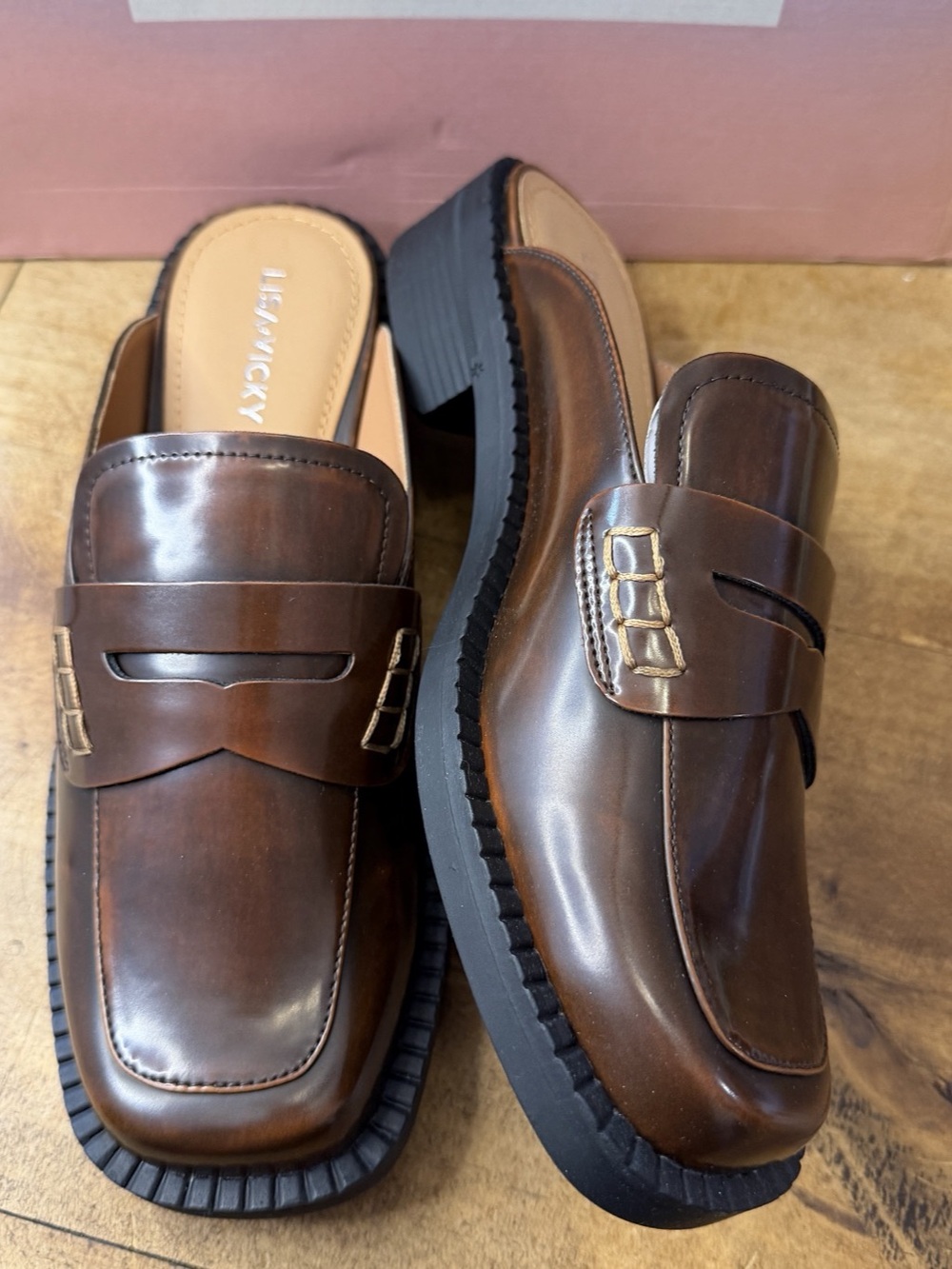 Lisa Vicky Penny Loafer Slip on Mules- cognac brown, sz 7 women’s NIB